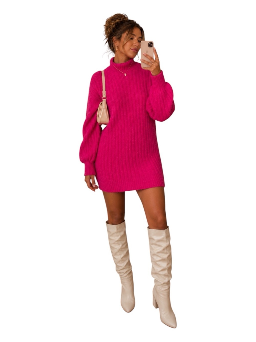 Anthropologie Fuchsia Ribbed Knit Sweater Dress Cozy Barbiecore Mock Neck Mini